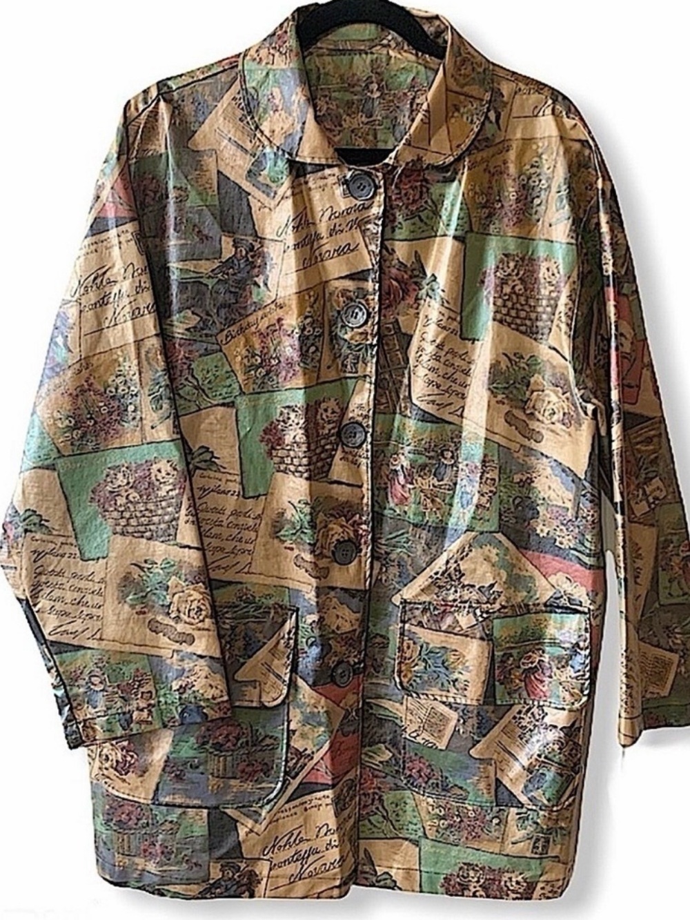 Vintage Nordic House Coated Cotton Postcard Print Rain Jacket Made USA OS